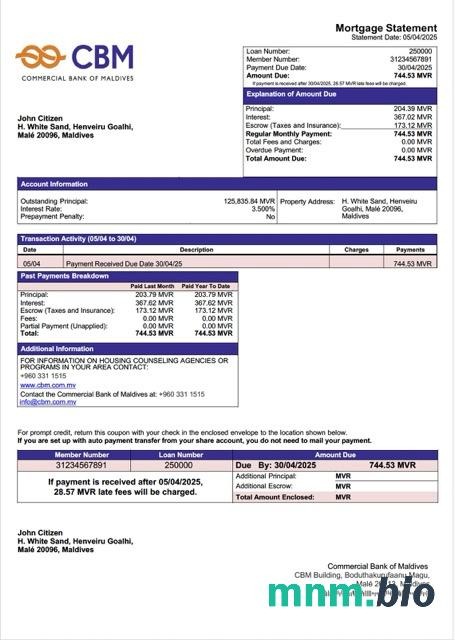 Malediwy Bank Handlowy Malediwów wyciąg z kredytu hipotecznego szablon Word i PDF
